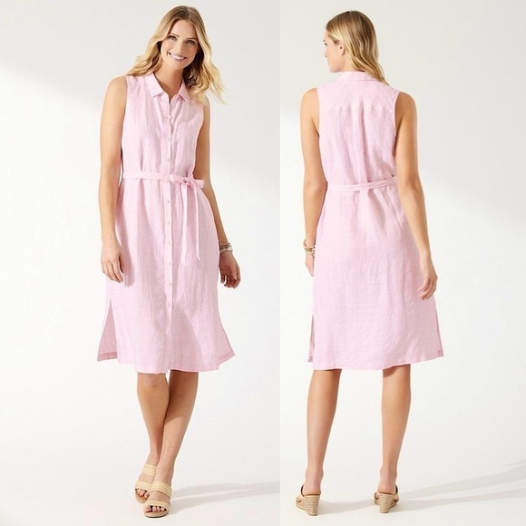 Tommy Bahama Ventana Plaid Linen Sleeveless Resort Shirt Dress in Bikini Pink XS - Picture 1 of 14